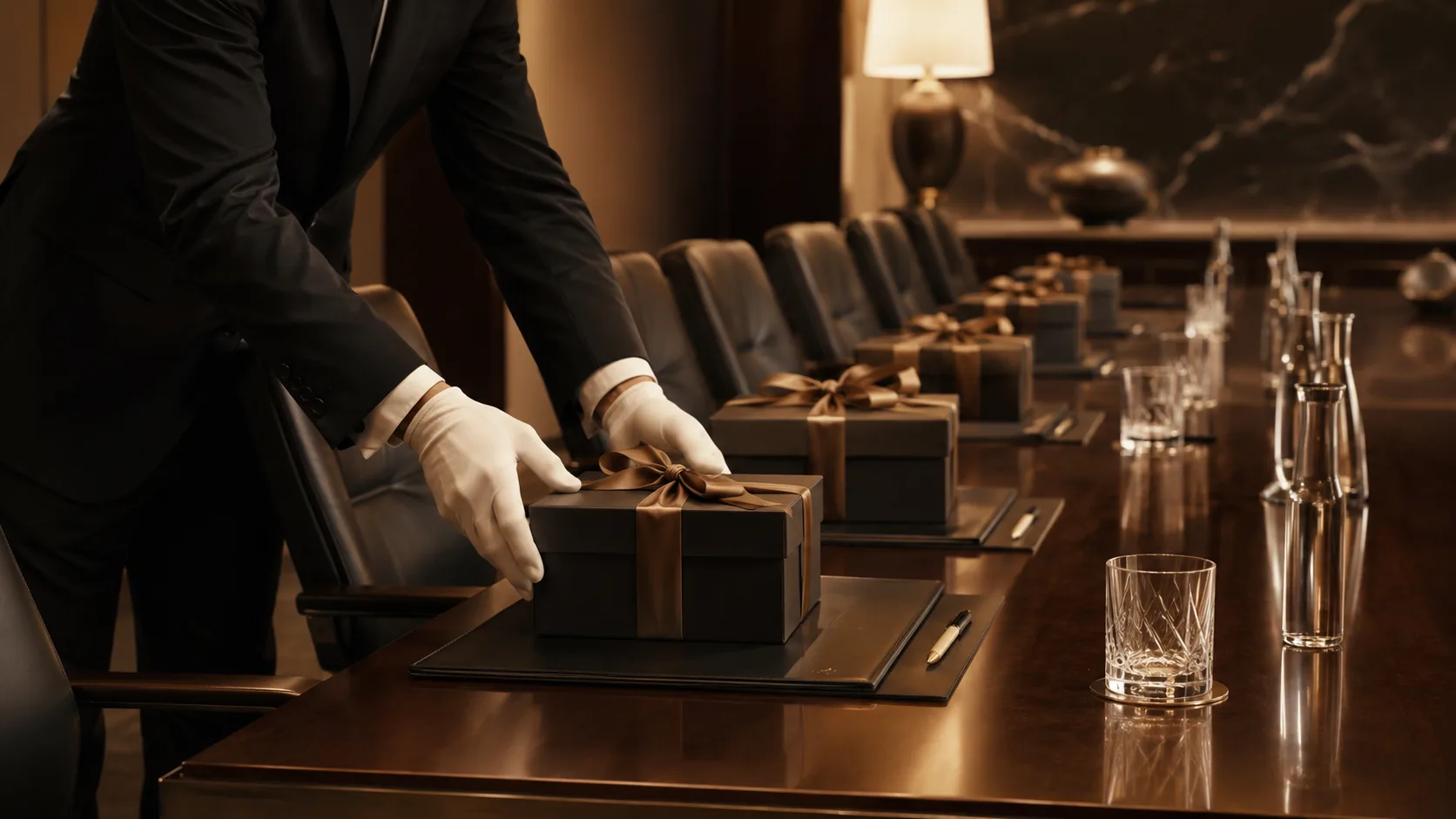 Gift boxes set at each place along a boardroom table