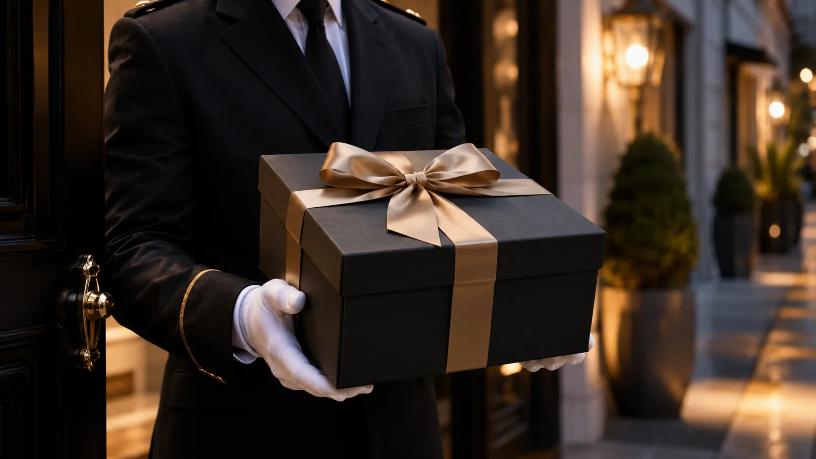 A gift box carried by a white-gloved concierge
