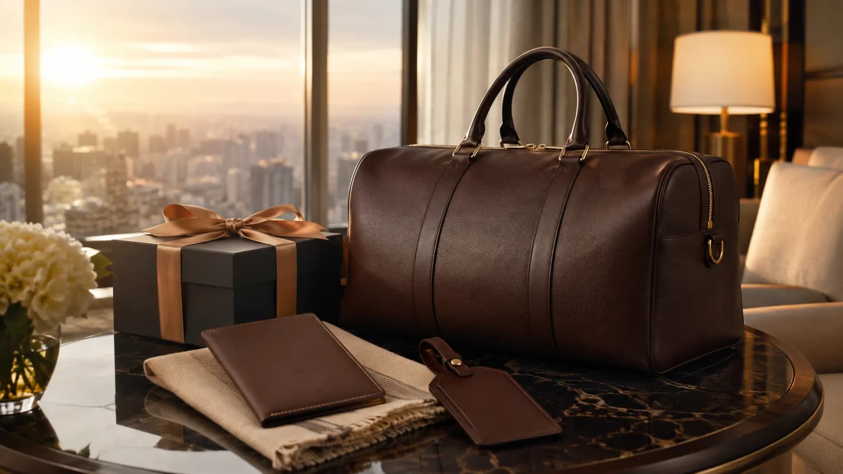 A leather holdall with a passport holder and luggage tag