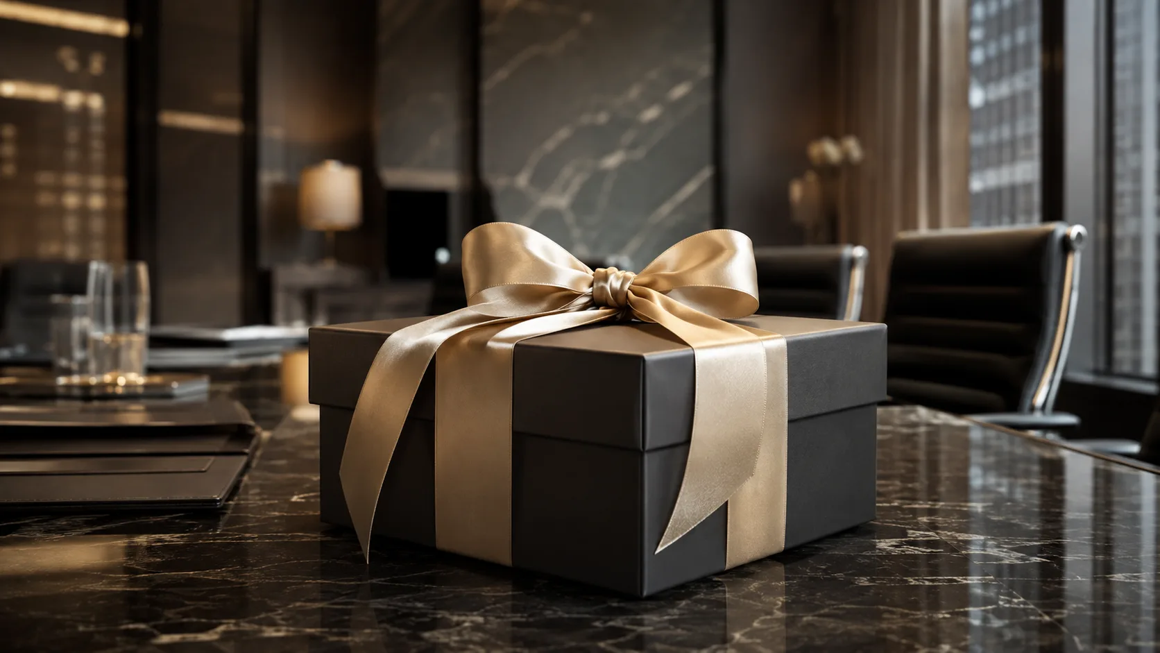 A gift box presented across a boardroom table