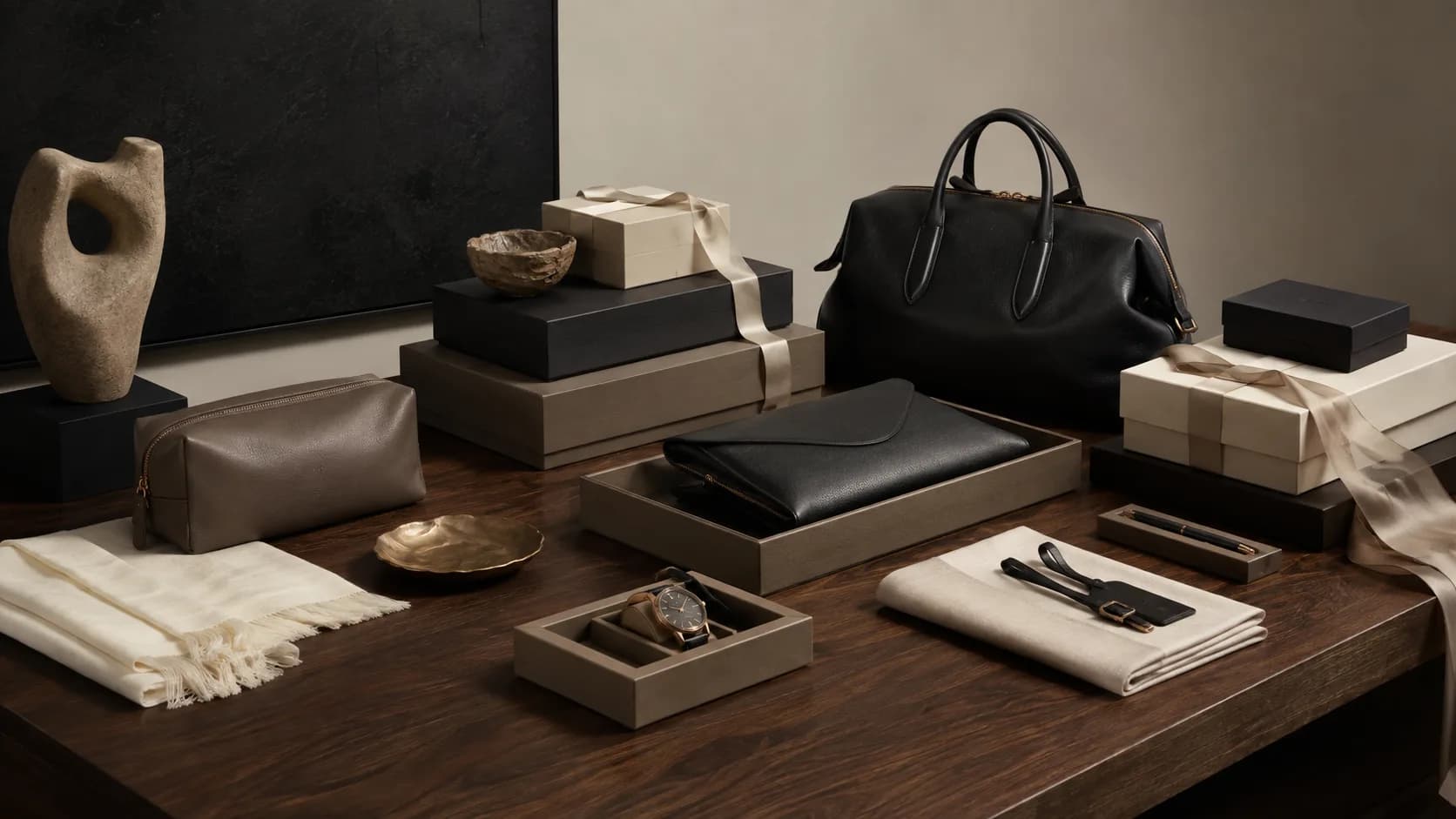 Leather goods and a pen arranged on a walnut desk