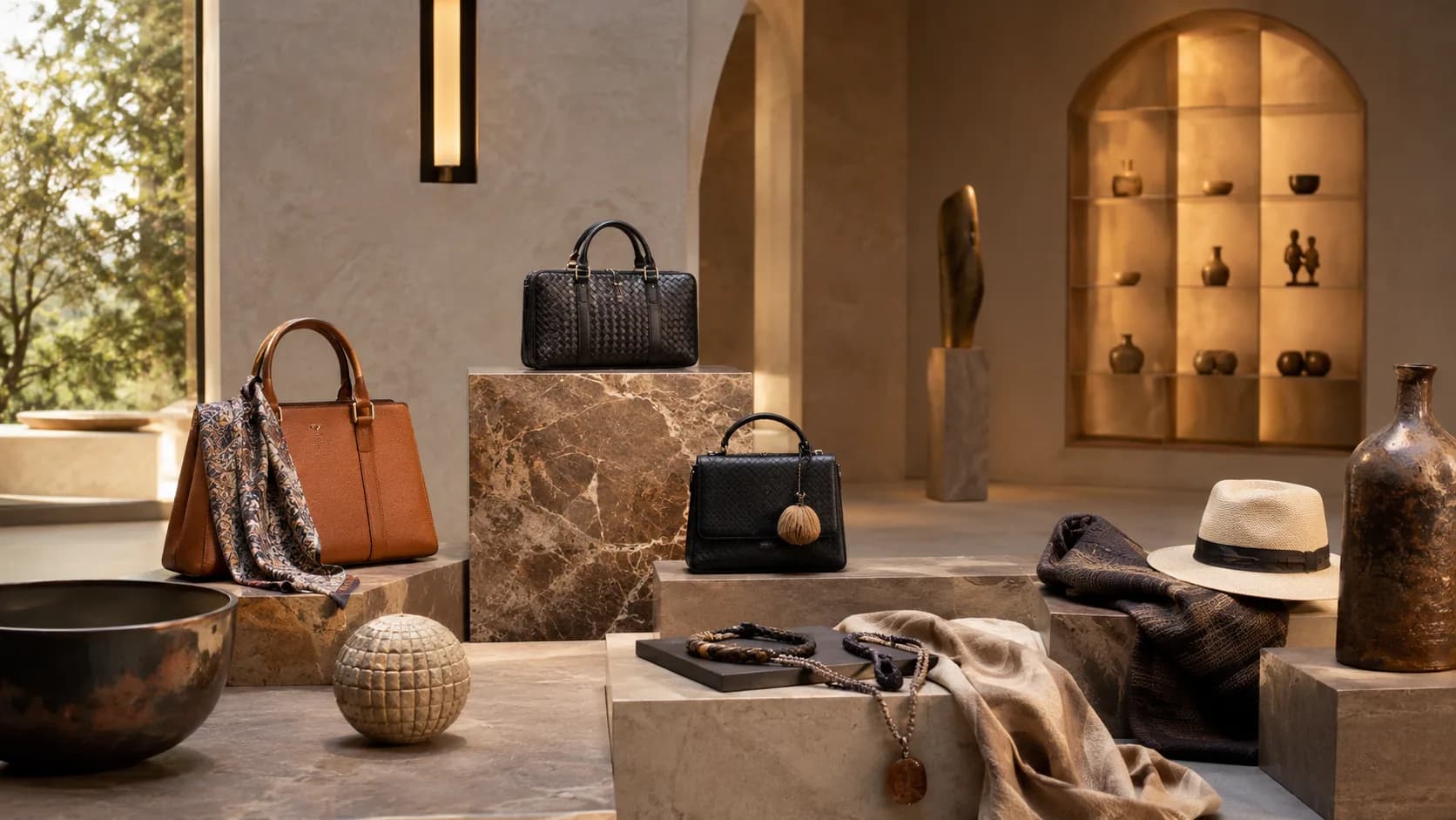 Artisan pieces displayed on stone plinths in a showroom