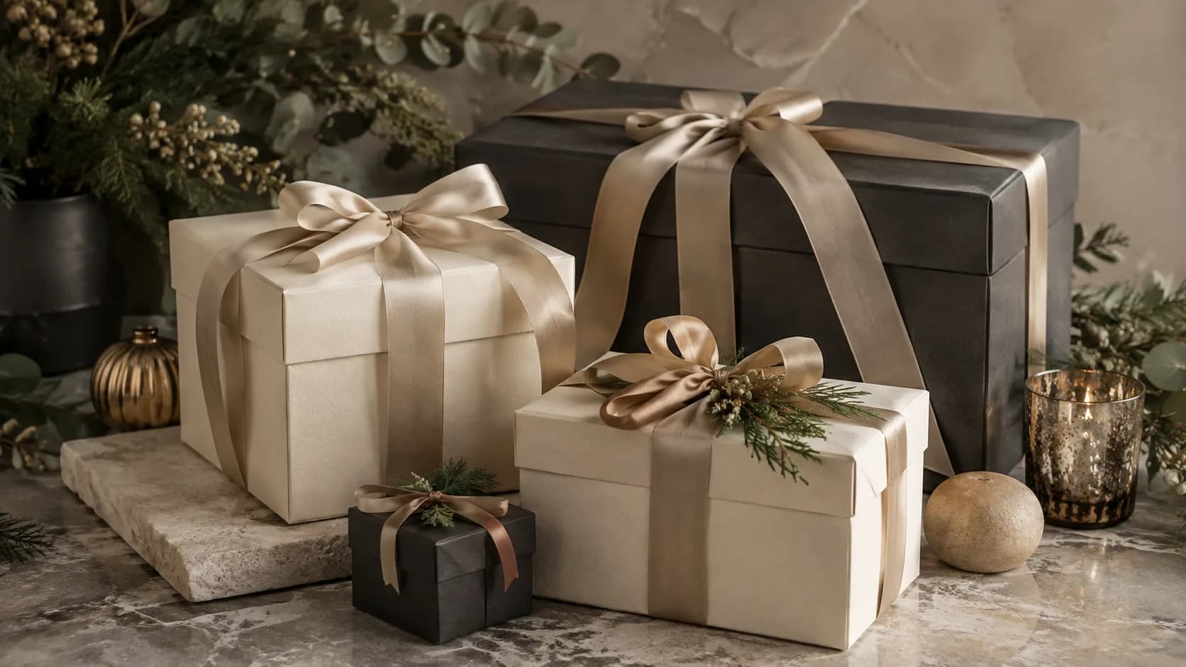 Cream and charcoal gift boxes dressed with winter greenery