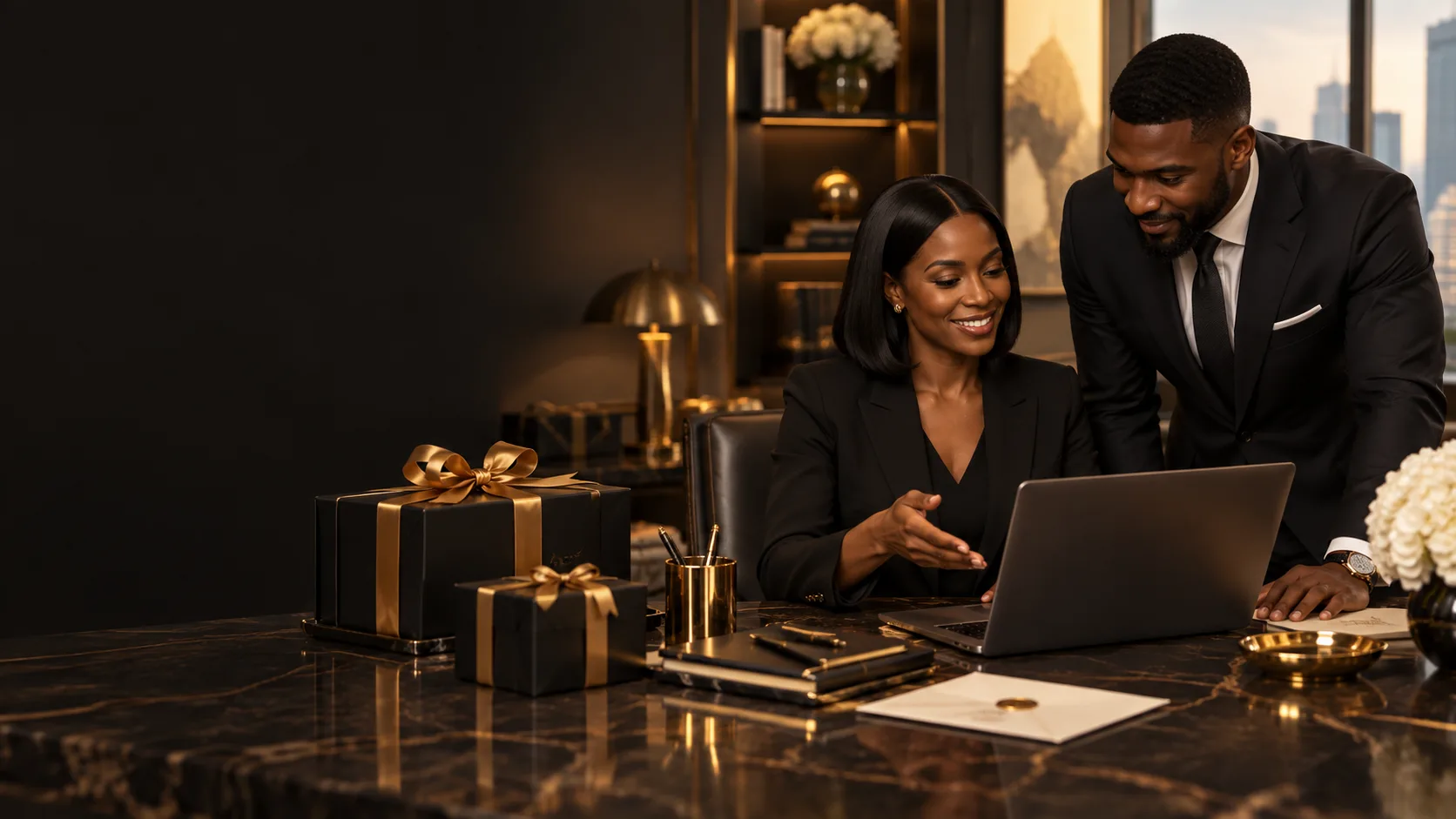Two executives reviewing a gifting proposal on a laptop beside black and gold gift boxes